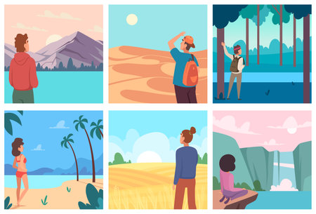 Travelers. Exploration concept background with travellers looking at nature exact vector landscape backgroundsのイラスト素材