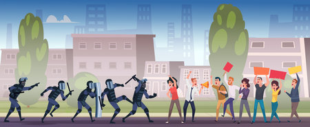 Aggressive demonstration. Police squad in uniform disperse the crowd exact vector background in cartoon styleのイラスト素材