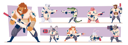 Armored animals. Zoo animals standing with weapons exact vector cartoon illustrationsのイラスト素材