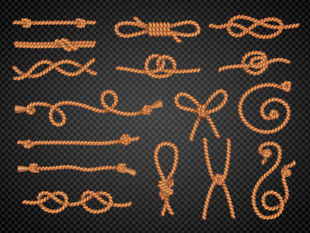 Rope with knot. Realistic marine rope curved shapes different pieces recent vector template setのイラスト素材