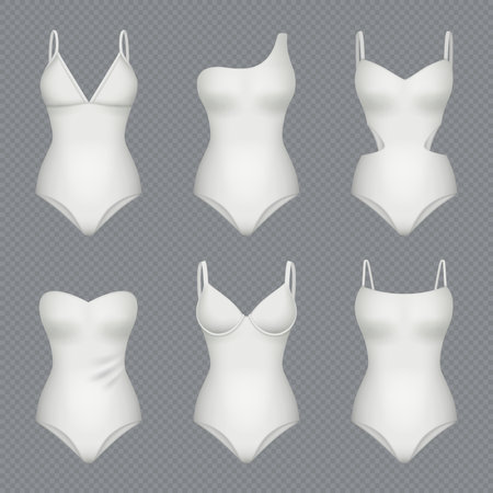 Female swimsuit. Fashioned bodysuit mockup decent vector realistic templates isolatedのイラスト素材