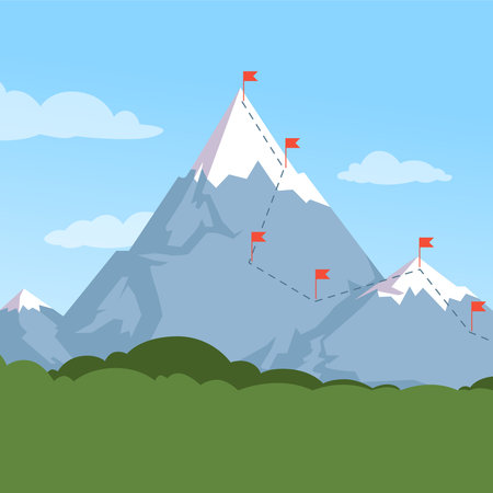 Mountain goal. business way conceptual background outdoor mountain with marker points. Vector illustrationのイラスト素材