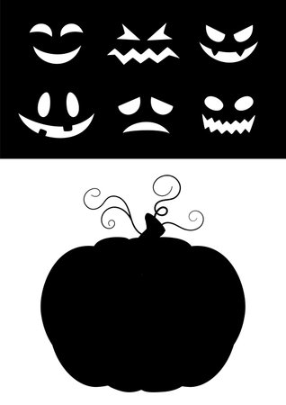 Halloween pumpkin faces. October fest character face generator, pumpkins cutout scary emoji templates, halloweens party carving graphicsのイラスト素材