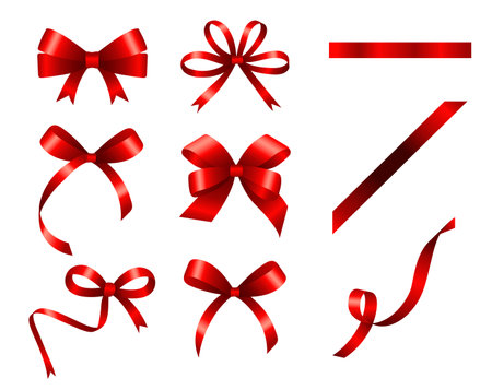Present red bow. Gift box package redding ribbon bows, holiday decoration wraps, realistic gifting design graphics isolatedのイラスト素材