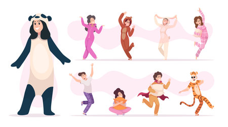 Pajamas people. Happy characters playing in sleeping funny clothes exact vector pictures setのイラスト素材