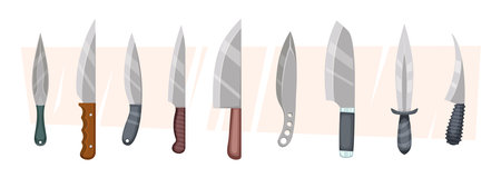 Knives. Items for kitchen or battle weapons steel knives for cutting food sharp blades exact vector cartoon collectionsのイラスト素材