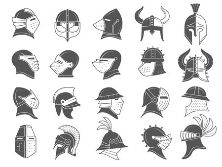 Armor helmets. Medieval ancient clothes for protected head warriors recent vector stylized illustrationsのイラスト素材
