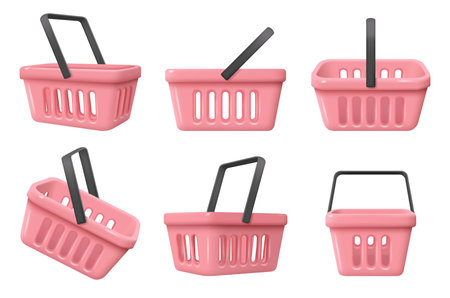 Store basket. Supermarket shopping items cart for products decent vector realistic illustrationsのイラスト素材