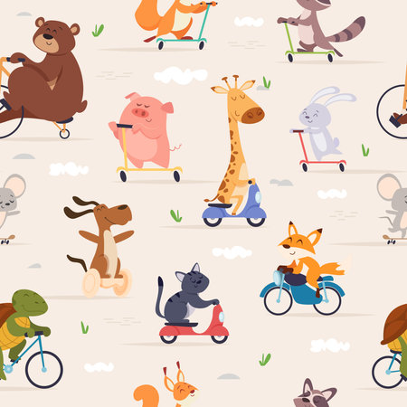 Animals riders pattern. Animals skating on bikes and scooters on road exact vector seamless backgroundのイラスト素材
