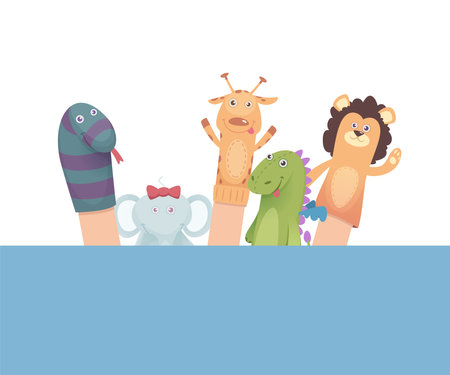 Sock puppets. funny attraction for kids cartoon animals from socks. Vector pictures of puppetsのイラスト素材