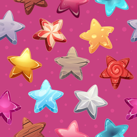 Stars seamless. Textile design pattern with different colored stars collection exact vector cartoon backgroundのイラスト素材