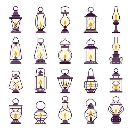 Lanterns set. Kerosene vintage old style light items recent vector stylized silhouettes of lanternsのイラスト素材