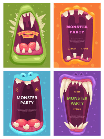 Monster mouth poster. Scary party invitations placards with angry mouth exact vector template with place for textのイラスト素材