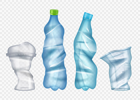Plastic garbage. Coffee damaged cups and bottles crush plastic crumple rubbish cans decent vector pictures realistic templatesのイラスト素材