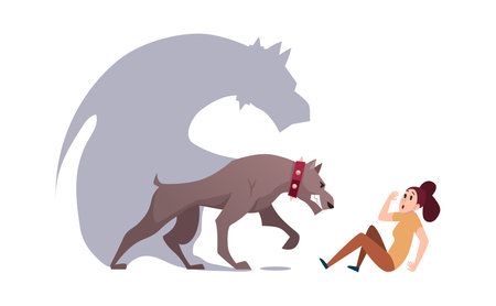 Angry dog. woman get scared of big aggresive dog Vector concept illustrationのイラスト素材