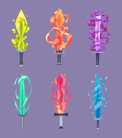 Magic sword. Game weapons in fairytale colored flame exact vector pictures setのイラスト素材
