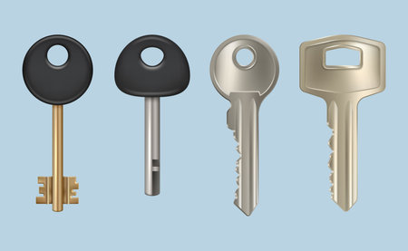 Realistic key. Metallic key for home door locks decent vector pictures realistic collection isolatedのイラスト素材