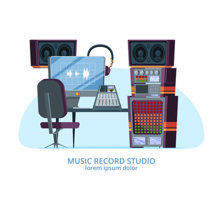 Music studio. musical and computer gadgets for professional recording studio. audio speakers headsets vector illustrationsのイラスト素材