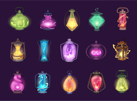 Fairytale lantern. Video game cartoon magic equipment exact vector illustrations setのイラスト素材