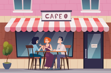 Cafe exterior. People happy couple sitting and relax on terrace exact vector backgroundのイラスト素材