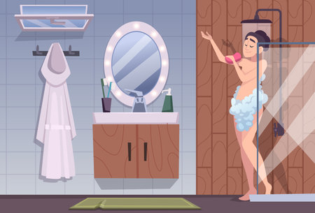 Shower. Fast daily morning routine people bathing exact vector cartoon templatesのイラスト素材