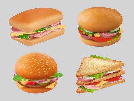 Realistic sandwich. Fast food burgers bun with vegetables and meat decent vector sandwitch templateのイラスト素材