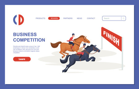 Business competition landing. horse riders moving to finish. vector template of business web pageのイラスト素材