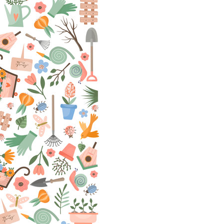 Gardening poster. stylized background with summer garden elements. Vector templateのイラスト素材