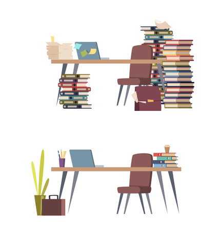 Office workplace organize. Organized and office workplace organize desk, work table management, working planningのイラスト素材