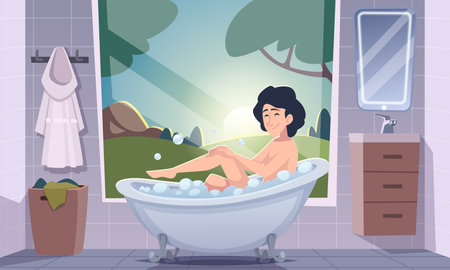 Woman bath relax. Female washing in bathroom interior exact vector cartoon backgroundのイラスト素材