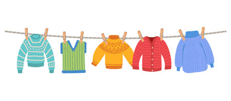 Clothes on rope. sweaters socks outdoor. Vector template illustration isolatedのイラスト素材