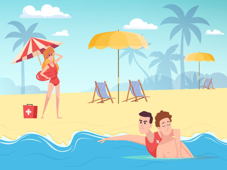 Lifeguard on water. Saving drowning man near beachのイラスト素材