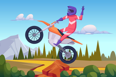 Motorbike rider. Sport cyclist jumping on bike outdoor landscape backgroundのイラスト素材