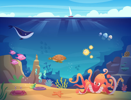 Underwater life. Background with ocean creature with tentacles exact vector cartoon templateのイラスト素材