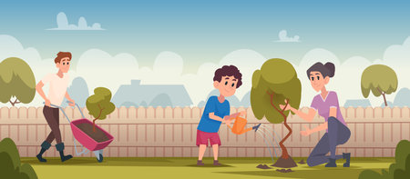 Care trees. Nature outdoor people planting trees exact vector cartoon backgroundのイラスト素材