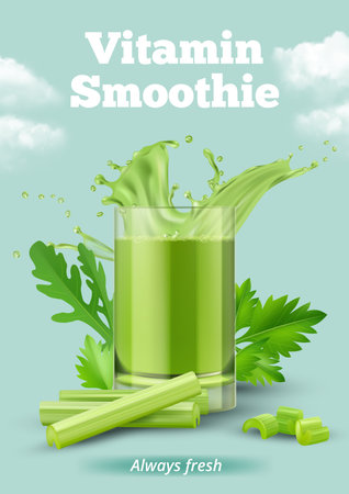Celery vitamin smoothie. Natural healthy green products celery parsley in liquid form decent vector realistic placard template for print design projectのイラスト素材