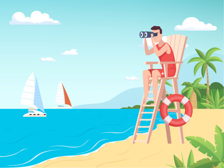 Marine lifeguard. sea landscape with lifeguard man watching to horizon. Vector backgroundのイラスト素材