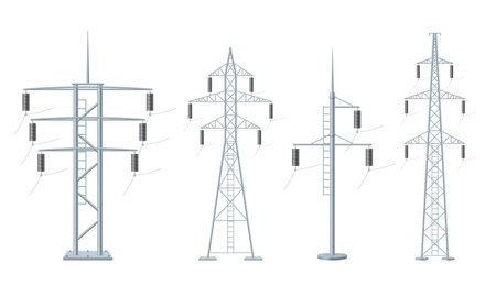Electricity poles. Power high voltage constructions from metal decent vector realistic templatesのイラスト素材