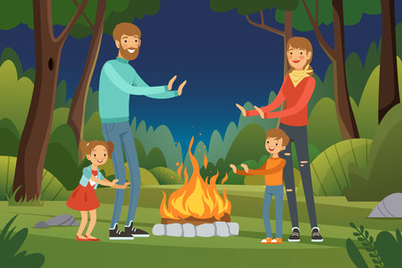 Family in forest. kids with parents outdoors in forest standing near bonfire. family tourists adventure tripのイラスト素材