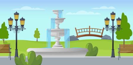 Urban park landscape with fountain trees benches and flashlights. Outdoor vector backgroundのイラスト素材