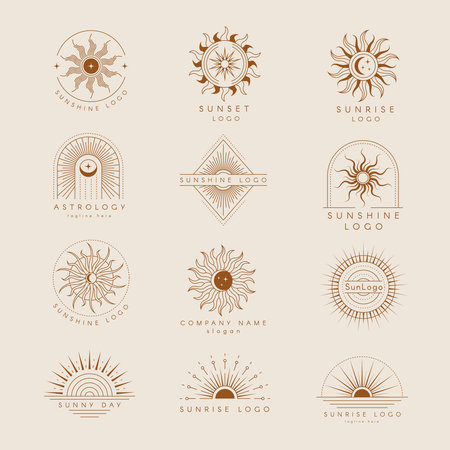 Sun logo. Badges or emblems with starburst linear trendy style recent vector sun decorative templatesのイラスト素材