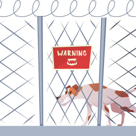 Angry dogs. warning aggressive animal guard the gate. Vector template in cartoon styleのイラスト素材
