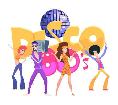 Disco characters. funny cartoon people in clothes 80s style dancingのイラスト素材