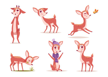 Baby deer. Wild cute forest animal in action poses standing sitting running walking exact vector deer in cartoon styleのイラスト素材