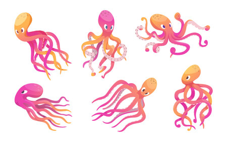 Octopus. Cartoon ocean wildlife underwater creature with tentacles exact vector illustration of octopusのイラスト素材