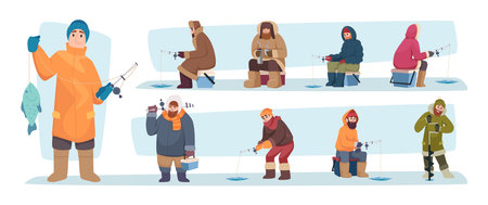 Winter fishing. Winter hobby fishermen sitting and fishing in cold water exact vector cartoon templateのイラスト素材