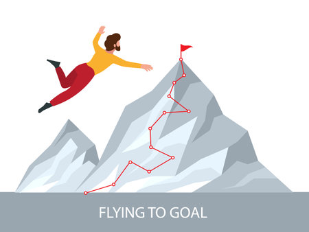 Business goal. Businessman flying to the big mountain visualization of line road. vector conceptのイラスト素材