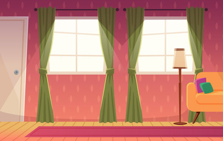 Interior living room. Indoor background with soft light windows and sofa. Vector templateのイラスト素材