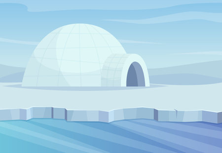North pole. Cartoon background in cold winter outdoor landscape. Vector template