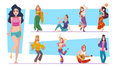 Hippie characters. Woodstock authentic persons freedom symbols exact vector hippie in clothesのイラスト素材